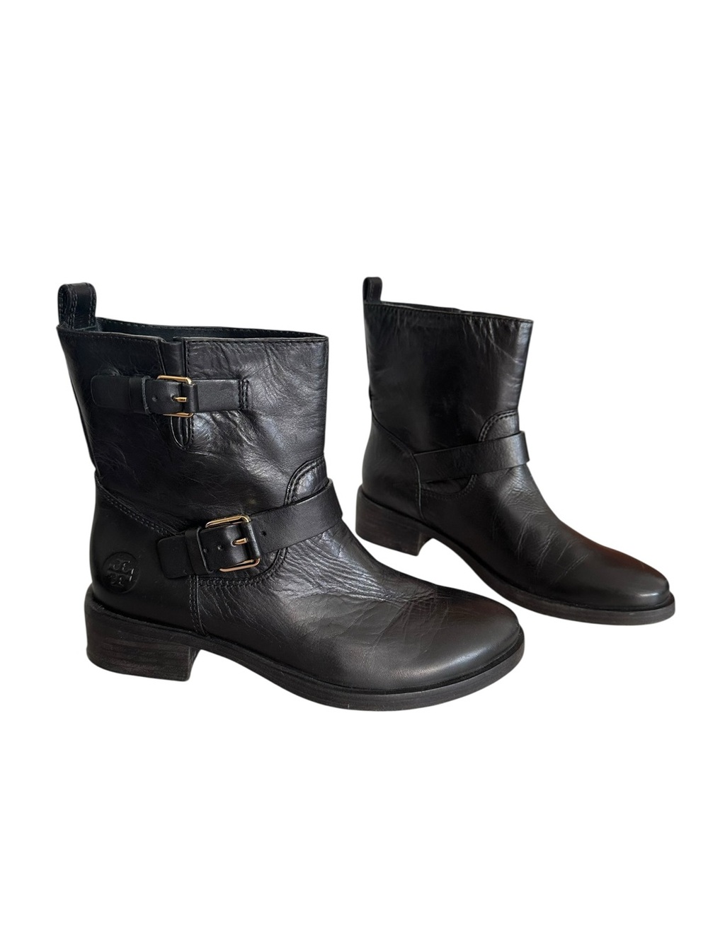 Tory Burch Black Leather Bennie Moto Double Buckle Short Ankle Boots Size 7.5